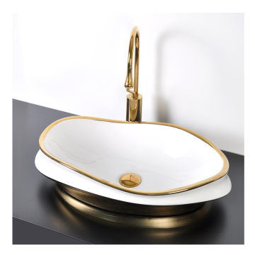 Luxury Golden White Ceramic Countertop Basin for Bathroom Sinks