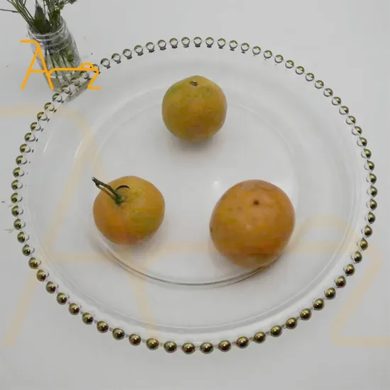 Wholesale Wedding Decoration: 13-inch Silver Bead Dinner Plates with Gold Rim and Clear Glass Chargers