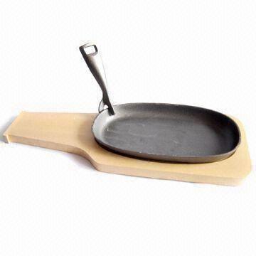 Cast Iron Griddle with Wooden Base and Vegetable Oil, Wax or Natural Finish Coating