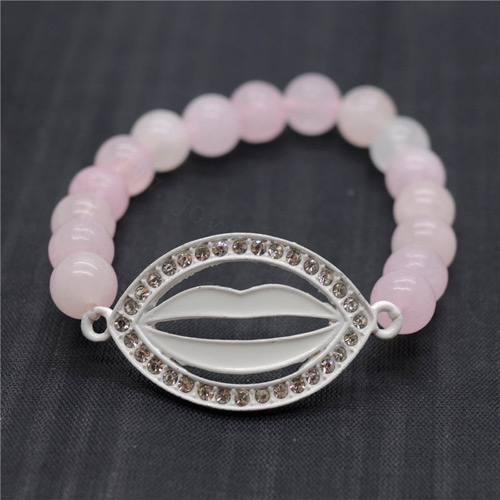 Pulsera de piedras preciosas elástica y cuentas redondas de cuarzo rosa de 8 mm con pieza de labios diamante