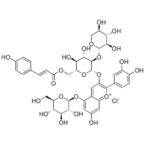 1-Benzopirilyum, 2- (3,4-dihidroksifenil) -5- (beta-D-glikopiranosiloksi) -7-hidroksi-3 - ((6-O - ((2E) -3- (4-hidroksifenil) -1 -okzo-2-propenil) -2-0-beta-D-ksilopiranosil-beta-D-glukopiranosil) oksi) -, klorür CAS 139906-05-1