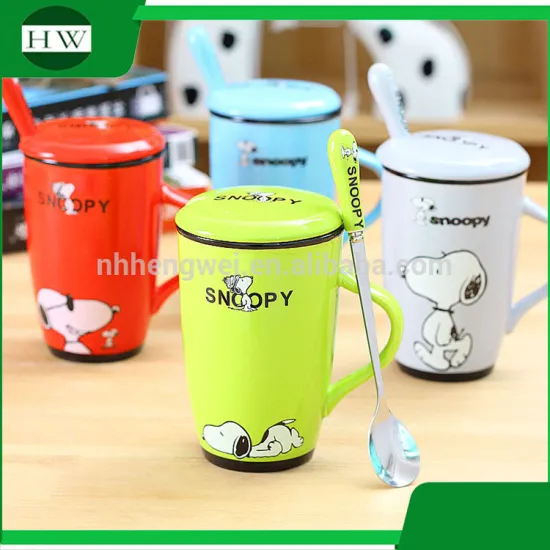 wholesale creative colorful snoopy milk water tea milk coffee mug cup with handle and lid and spoon