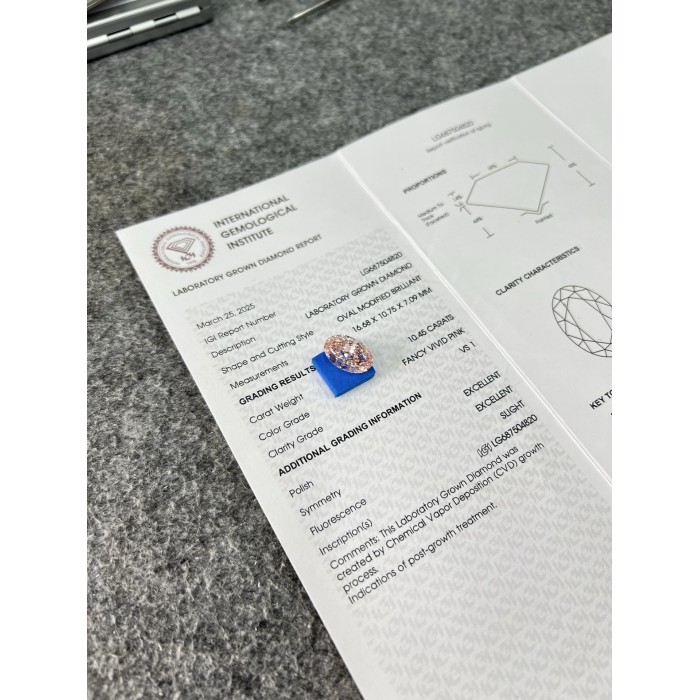 เพชรแล็บสีชมพู CVD Oval 10.45 กะรัต VS1 IGI