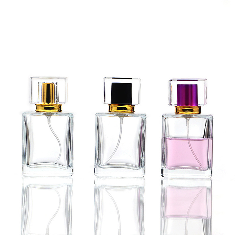 Rociar botella de vidrio de perfume de perfume cuadrado transparente