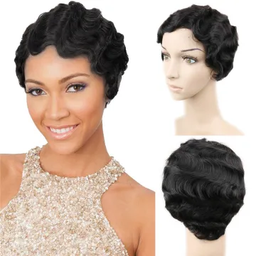 Short Pixie Cut Finger Wave Wig 100% Human Hair,  Non Lace Machine Made Pixie Wavy Short Human Hair Wigs For Black Women