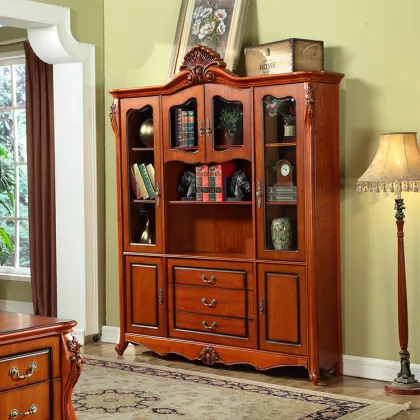 Antique bookcase furniture 4 doors hand carved bookcase for home use