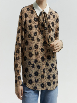 Lapel Tied Up Printed Long Sleeved Shirt