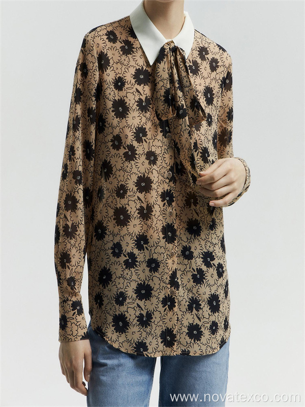 Lapel Tied Up Printed Long Sleeved Shirt