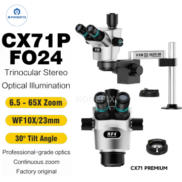 RF4 CX71P 6.5-65X Trinocular Stereo Microscope with Stand & Camera for Precision Repair