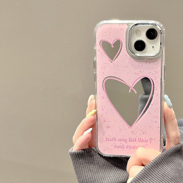 Pink Love Heart Makeup Mirror Phone Case for iPhone 16/15/14/13/12/11 Pro Max - Cute Soft Back Cover Funda