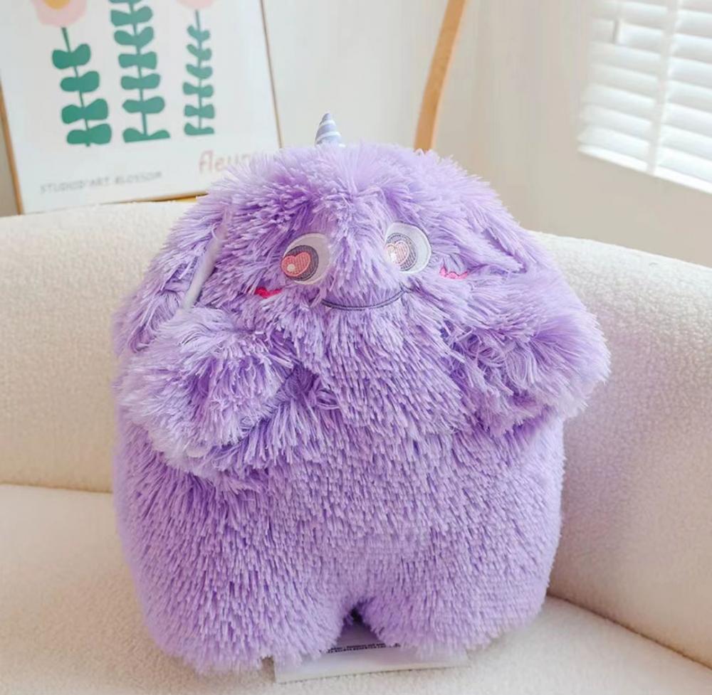 Purple hairy little monster stuffed children's throw pillow