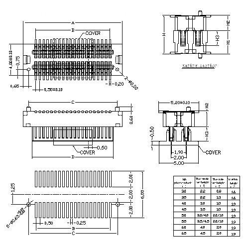 0.5mm  Board to board connector, male,double groove, mating height=3.0~6.5mm
