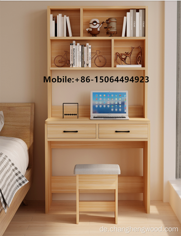 Moderner Holzcomputertisch mit Bücherregal und Stuhl