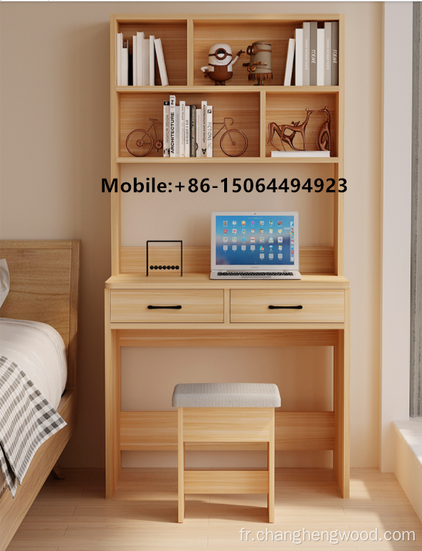 Bureau d&#39;ordinateur en bois moderne avec étagère et tabouret