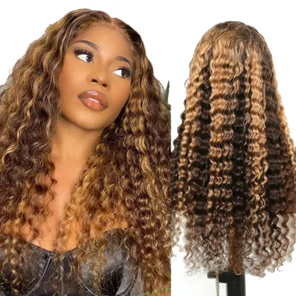 Uniky 13x4 HD Lace Brown Highlight Wig,Brown Blonde Highlights Deep Wave Lace Front Wig