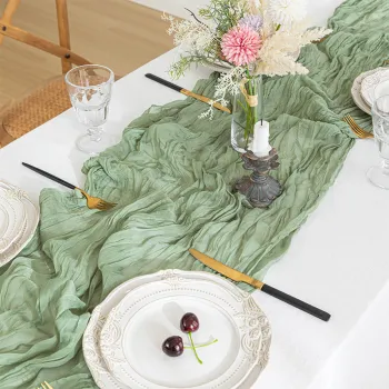 Boho Green Cheesecloth Table Runner: A Rustic Sheer Decorative Accent for Weddings, Birthdays, and More