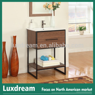 dark wood grain bathroom vanity with stainless steels leg