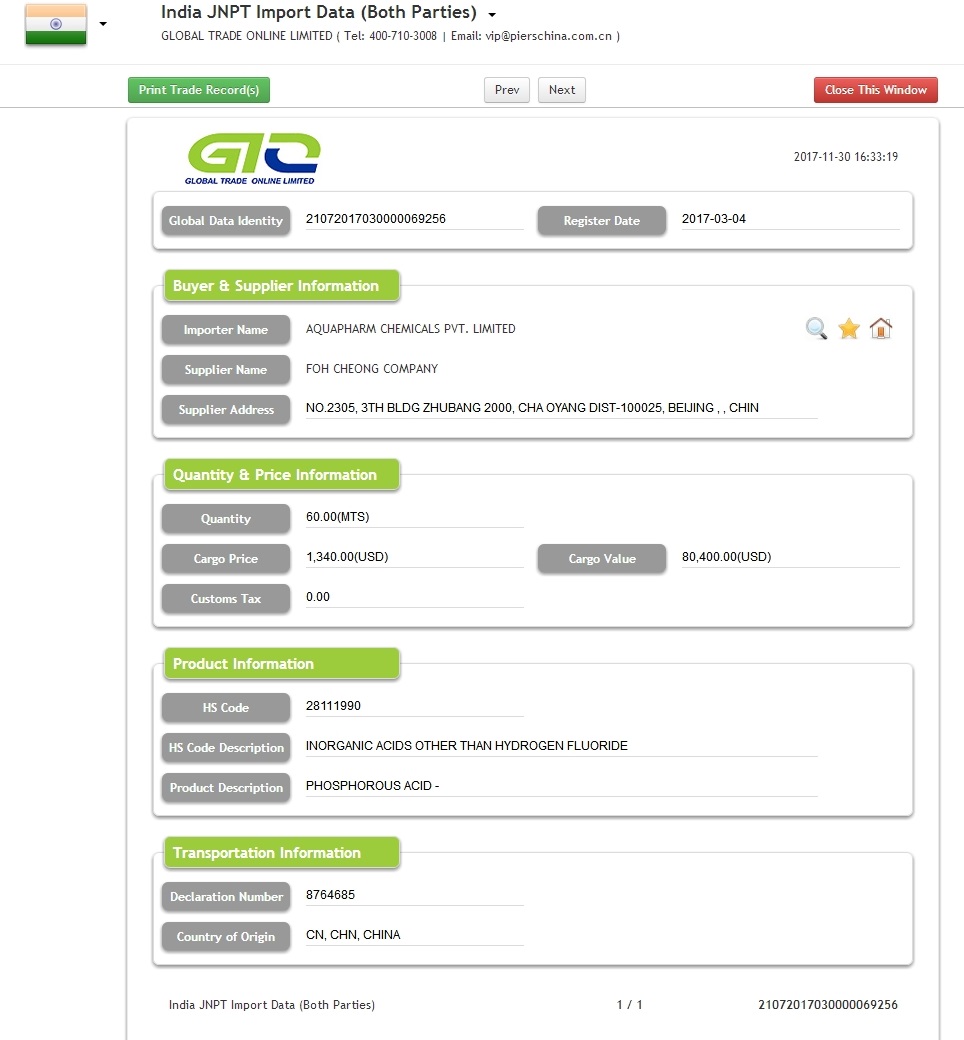 Phosphoous Acid India Import Data