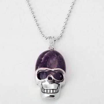 Natural Amethyst Skull Gemstone Pendant Necklace with Silver chain