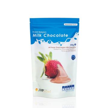 Milk chocolate pouch with resealable zipper