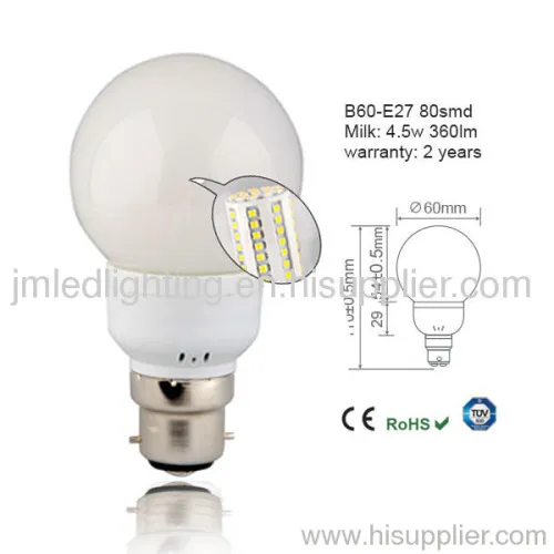 B22 B60 Led Light Bulb 4.5w 360lm Milk 80smd 
