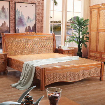 Solid Wood Wicker Natural Rattan Double Bed