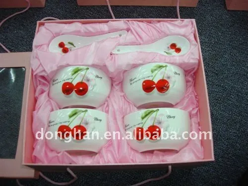 cherry pattern 4" Porcelain Soup Bowl With Spoon