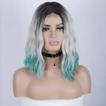Gray Blue Wavy Wig Women's Short Bob Ombre Black Wig Curly Wavy Shoulder Length Bob Synthetic Cosplay Wigs for Girl