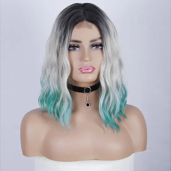 Gray Blue Wavy Wig Women's Short Bob Ombre Black Wig Curly Wavy Shoulder Length Bob Synthetic Cosplay Wigs for Girl