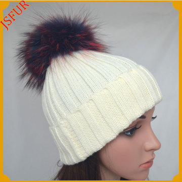 Jsfur Wholesale Knitting Winter Stripe Hat Fur Ball Cap And Hats