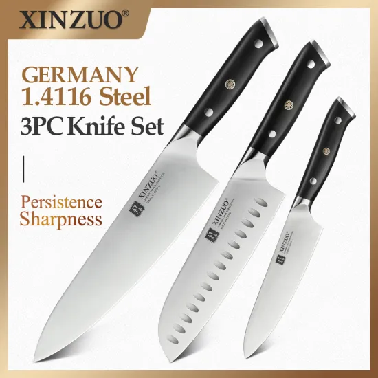 XINZUO 3 PCS Kitchen Knives Sets High Quality DIN 1.4116 Stainless Steel Pro Chef Santoku Cleaver Utility Knife Ebony Handle