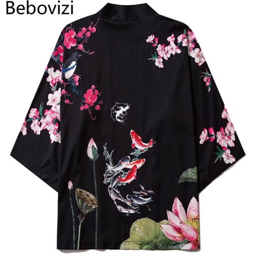 Bebovizi Chinese Style Lotus Carp Print Kimono Women Cardigan Yukata Japanese Streetwear Men Loose Tradition Polyester Clothing