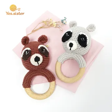 Natural Wooden Teething Ring Crochet Bear Rattle Toys