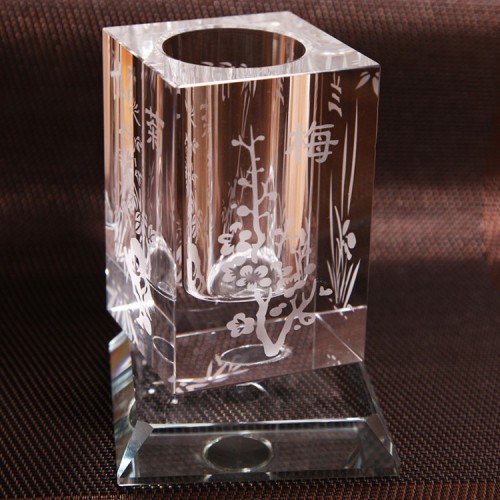 flower engraved square Office Stationery Crystal Pen Holder Clear K9 Glass