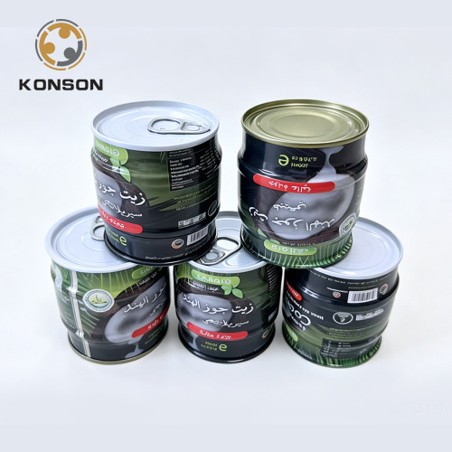 Konson latas de óleo de coco, embalagens metálicas de qualidade alimentar para óleo de coco e leite de coco, vedação hermética