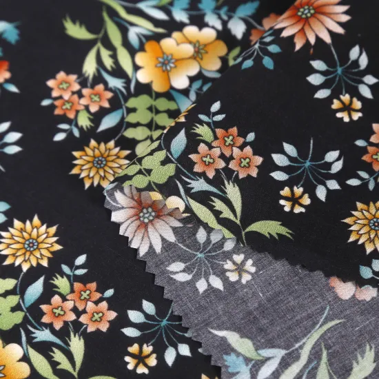 Custom Floral Digital Printed Black Cotton Voile Fabric 60gsm for Dress
