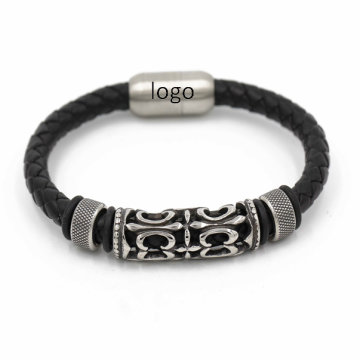 High quality fashion jewelry accessories 316l stainless steel magnetic clasps engraved leather men bracelet