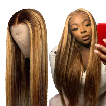 Natrual Black Blonde Highlights Wig Mix Color Deep Wave Curly Pre Plucked HD Transparent Lace Front Raw Virgin Human Hair Wigs