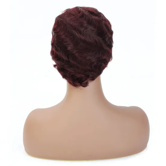 Pixie Cut Short Human Hair Wig Finger Wave For Black Women, Cheap Brazilian Mink Virgin Cuticle Aligned Hair Wavy Wig 99J# Color