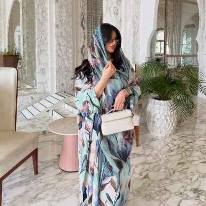 Printed Open Abaya With Headscarf