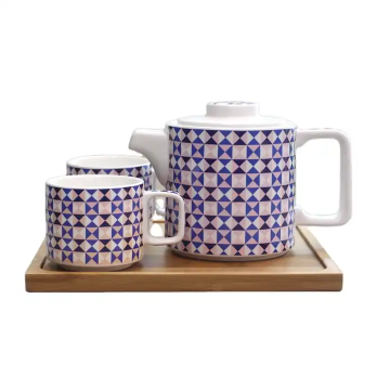 Custom Porcelain Tea Set with 2 Cups, Wooden Tray - High Quality & Dishwasher Safe