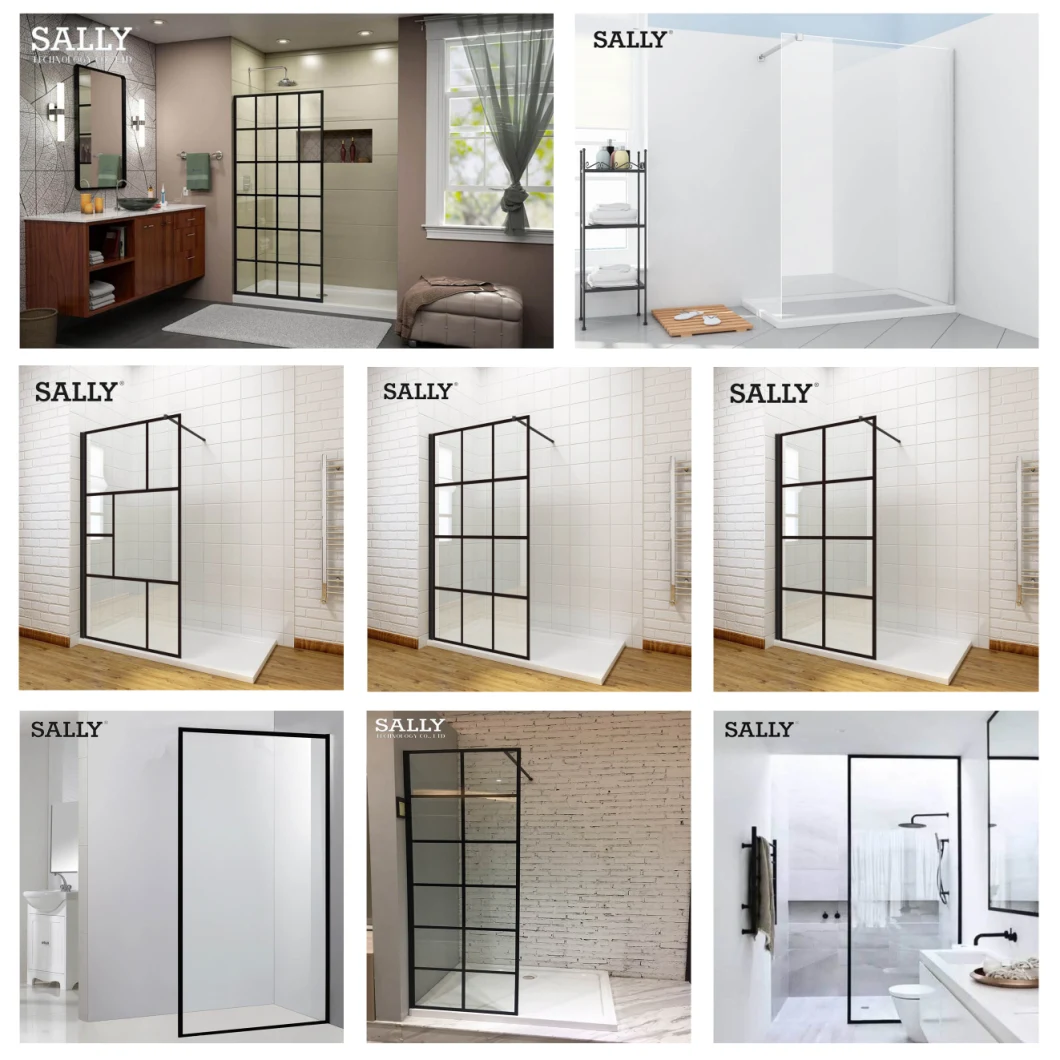 Sally 8mm Reversible Walk in Matte Black Framed or Silk Print Grid Pattern Glass Shower Door for Wetroom Bathroom Shower Room