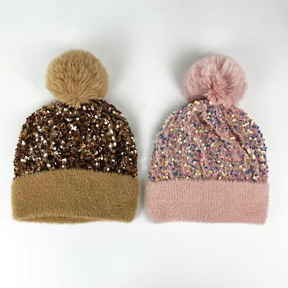 Wholesale High Quality Big Fake Fur Shiny Pom Pom Beanie Hat