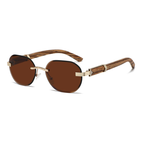 Oval Rimless Metal Wooden Sunglasses