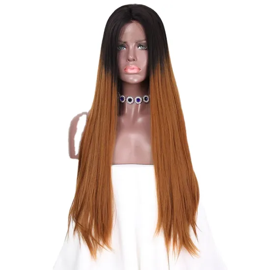 High Quality Ombre Wig Natural Wave Front Lace Brown Dark Root Lace Frontal Long Silky Straight Wig Hair Wigs For Women