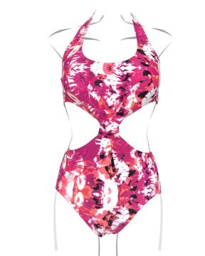 Women's In-Stock High Leg Printed Front Tied Knot Sexy One-Piece Swimsuit