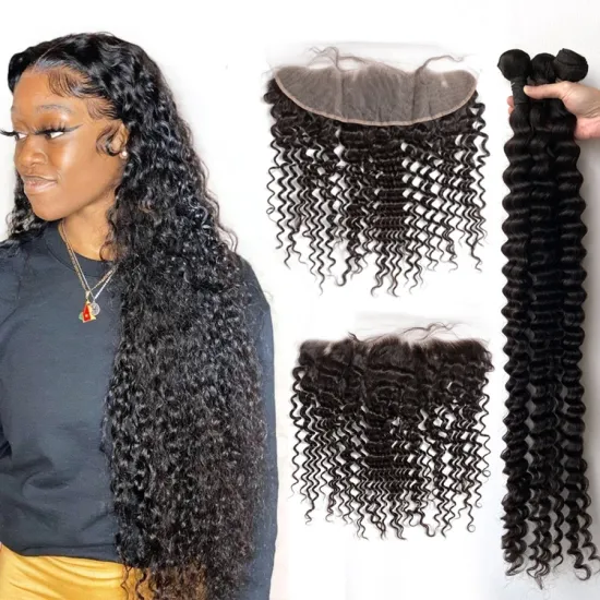 Bundles with Frontal Malaysian Curly Hair Weave Bundles with Lace Closure Deep Wave Remy 100% Human Hair Weave With Closure