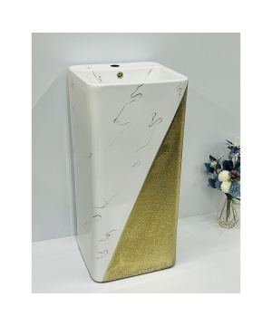 High Quality Luxury Gold Design Free Standing Ceramic Square Pedestal Basin for Hotels