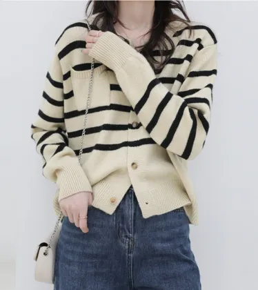 New stripe knit women cardigan street sweater