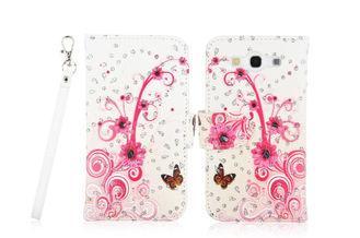 Print Flower PU Cell Phone Wallet Cases With Strap For Sams